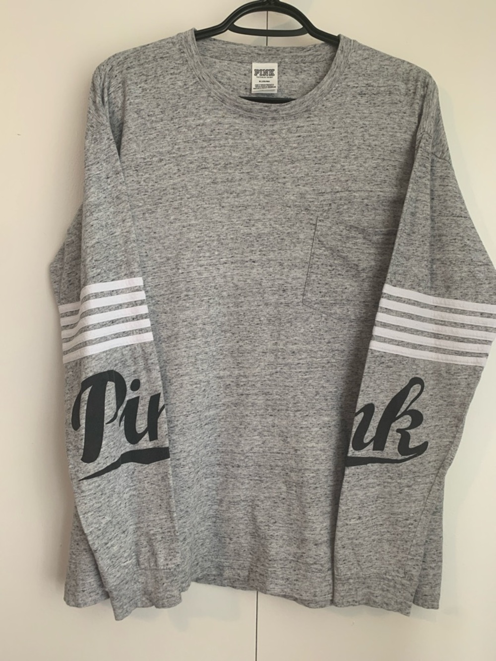 VS PINK Peppered Gray Campus Logo White Striped Long Sleeves Shirt Size Medium